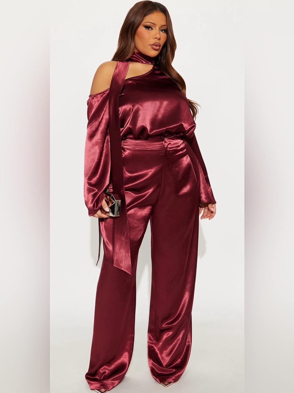 Fashion Nova “Adeline” Satin Tie Neck Bodysuit Pant Set